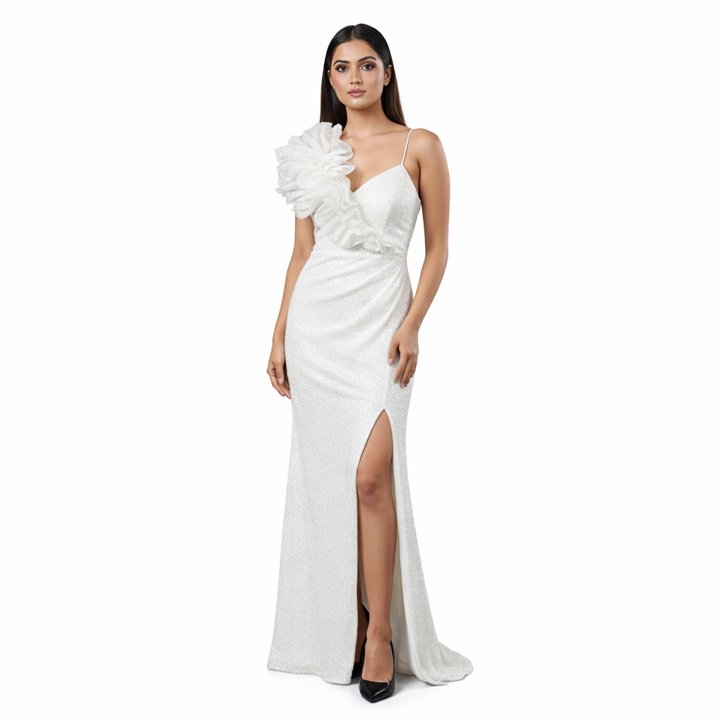 Elegant woman in white gown