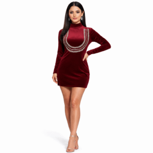 Royal Wine Velvet Bodycon Dress – Embellished High Neck Mini
