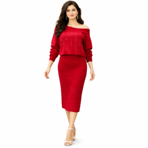 Red Off-Shoulder Knit Co-Ord Western Dress
