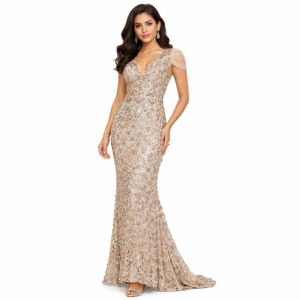 Golden Sequin V-Neck Evening Gown