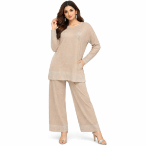 Beige Western Co-Ord Set for Women | Elegant Knit Top & Palazzo Pants