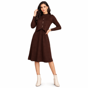 Women Brown Ribbed Western Dress with Stylish Buttoned Jacket