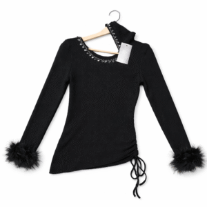 Women Stylish Western Ribbed Top with Fur Sleeves – Black & Maroon