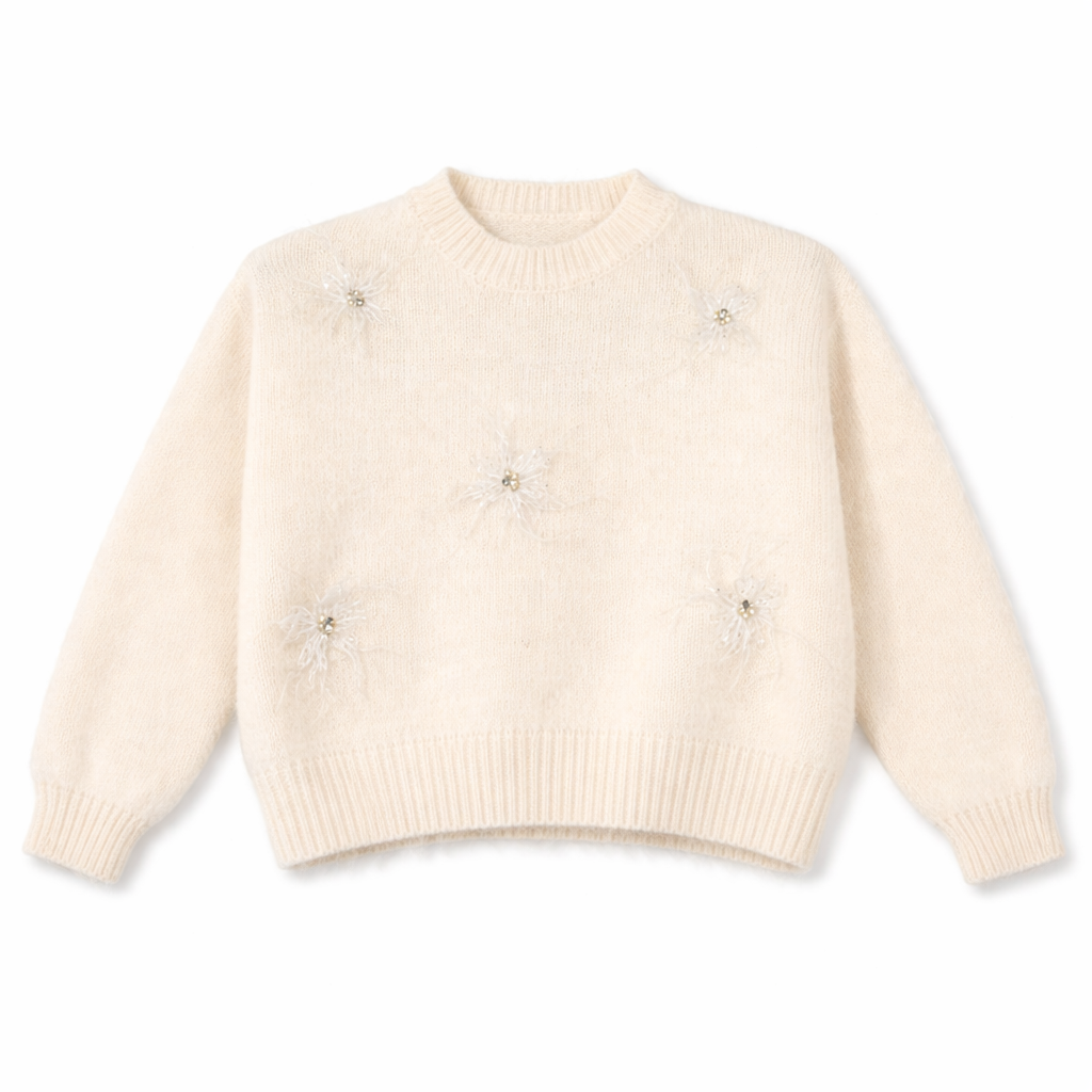 Women Embellished Knit Sweater | Soft Winter Western Top | Off-White & Grey Colors