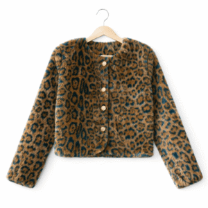 Women’s Western Faux Fur Jacket – Black & Pearl Collar with Pearl Rhinestone Buttons (Orange Leopard Print)