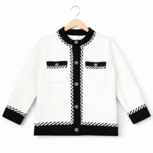 Women’s Western Knit Jacket with Pearl Collar & Rhinestone Buttons – Black & White