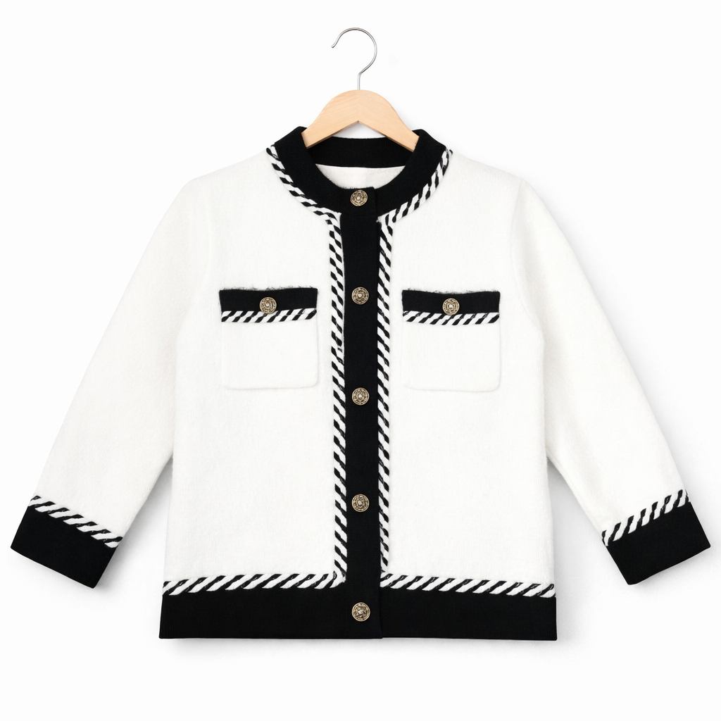 Women’s Western Knit Jacket with Pearl Collar & Rhinestone Buttons – Black & White