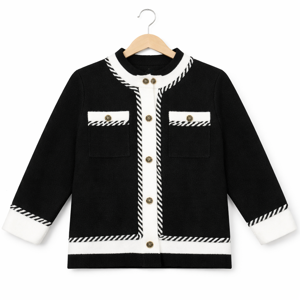 Women’s Western Knit Jacket with Pearl Collar & Rhinestone Buttons – Black & White