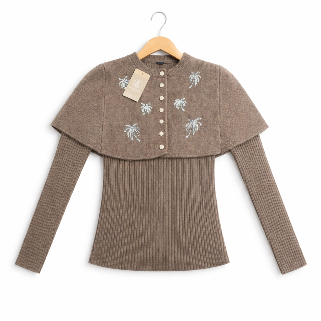 Women’s Ribbed Western Top with Cape Overlay – Palm Tree & Red | Full Sleeve Winter Wear