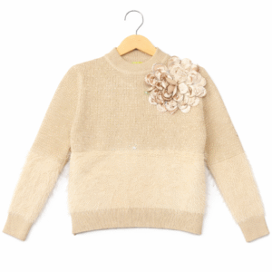 Women’s Cream Western Knit Top with Faux Fur Panel & Floral Brooch