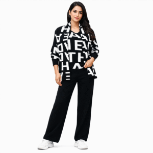 Women’s Stylish Western Co-Ord Set | Printed Knit Top & Cardigan with Pants | Black & Beige