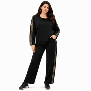 Women’s Trendy Western Co-Ord Set | Solid Top & Pants with Side Print | Black & Beige