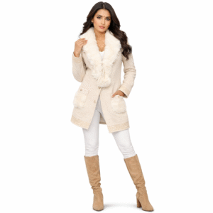 Women’s Elegant Cream Winter Western Coat with Faux Fur Collar | Stylish Party & Casual Wear